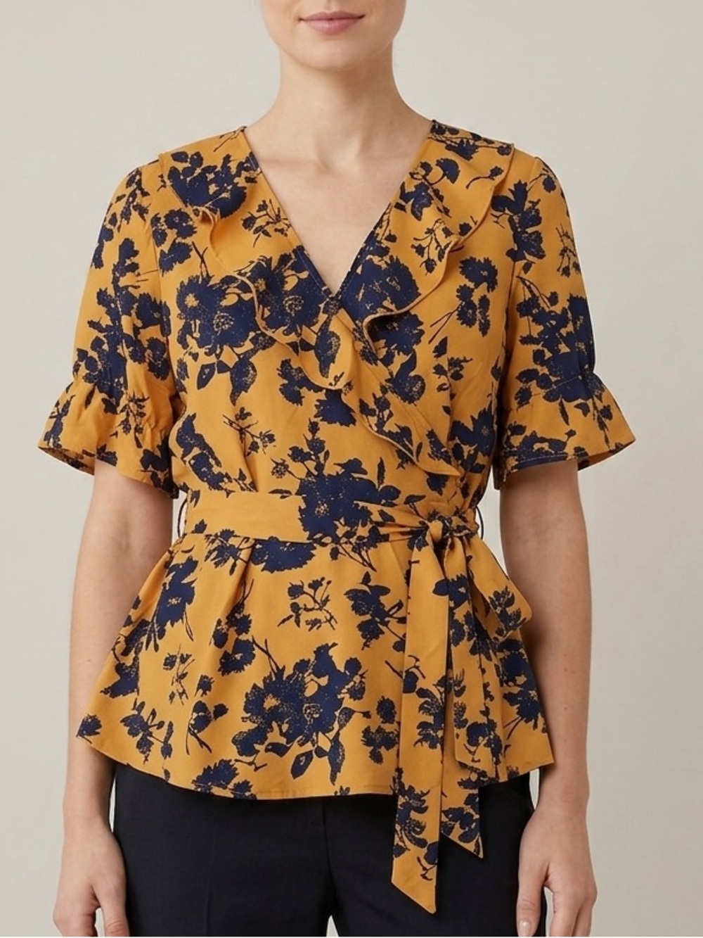 Allegra K Mustard Navy Floral wrap Top size xl feminine Boho